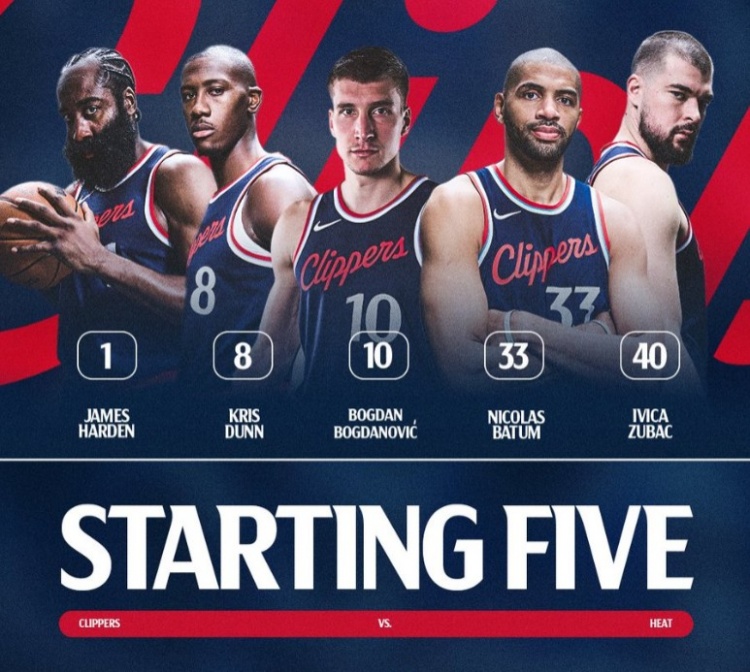 小卡輪休！快船首發(fā)：哈登、鄧恩、博格丹、巴圖姆、祖巴茨