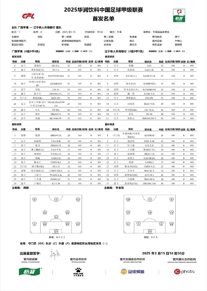 中甲-廣西平果vs遼寧鐵人首發(fā)：三外援對決三外援，安以恩出戰(zhàn)