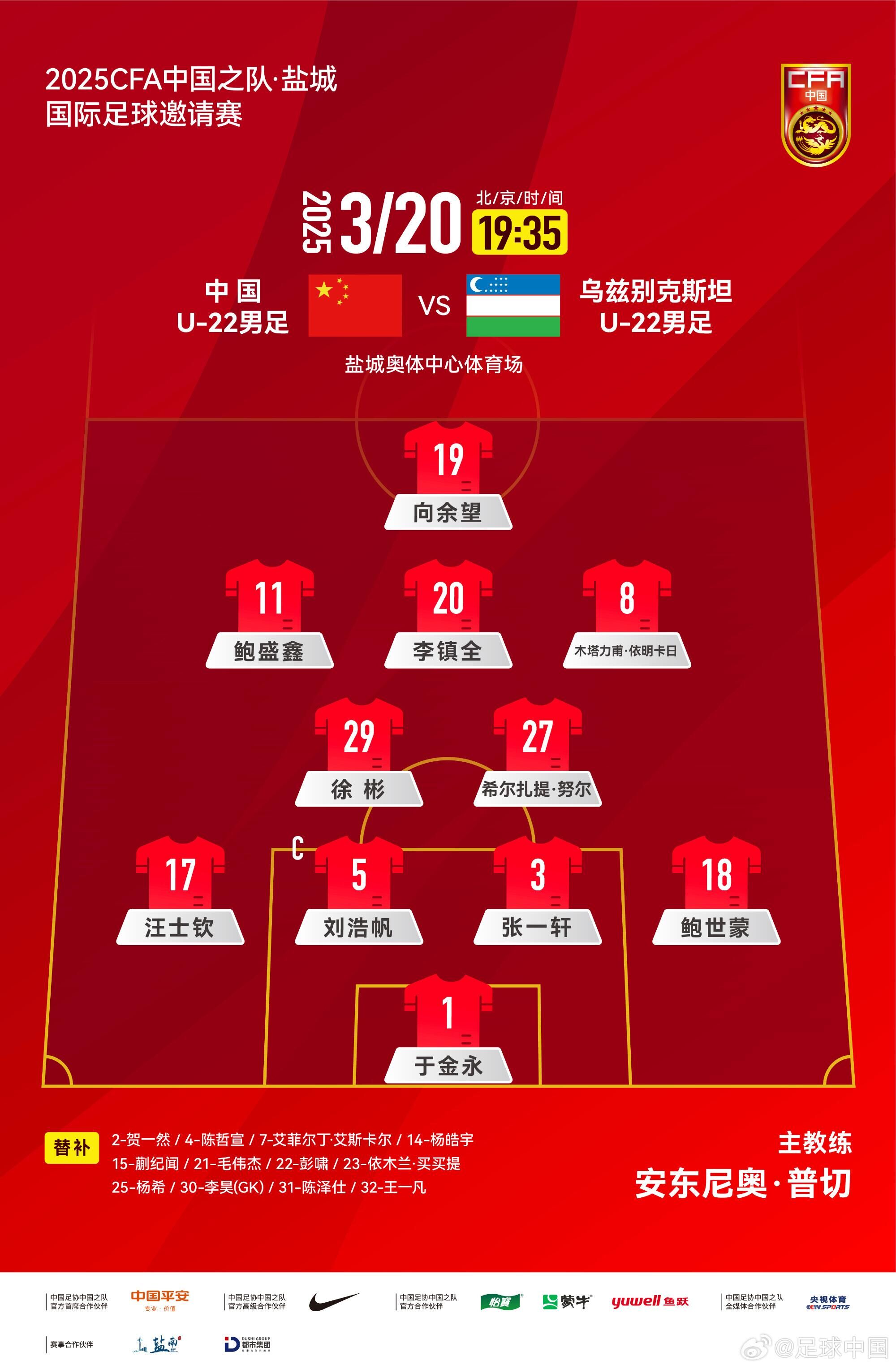 中國U-22男足VS烏茲別克斯坦U-22男足，中國隊首發(fā)名單出爐