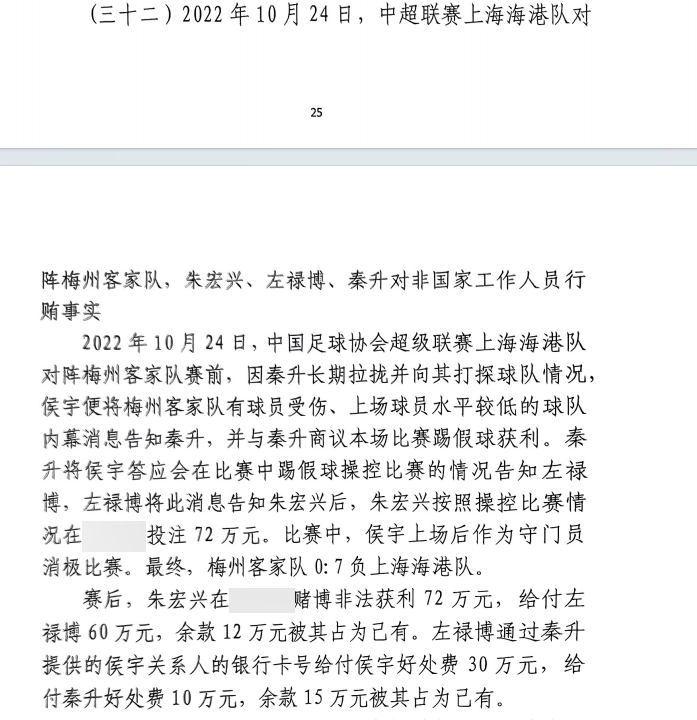網(wǎng)傳判決書：梅州0-7海港，梅州守門員侯宇收30萬(wàn)好處費(fèi)消極比賽